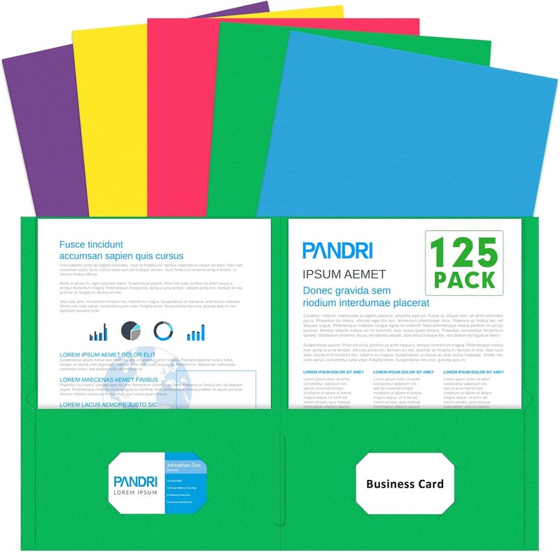PANDRI Two Pocket Folders, 125 Pack 2 Pocket Folders, Letter Size Paper File Folder for School Office Home Business, Assorted 5 Colors - Image 1